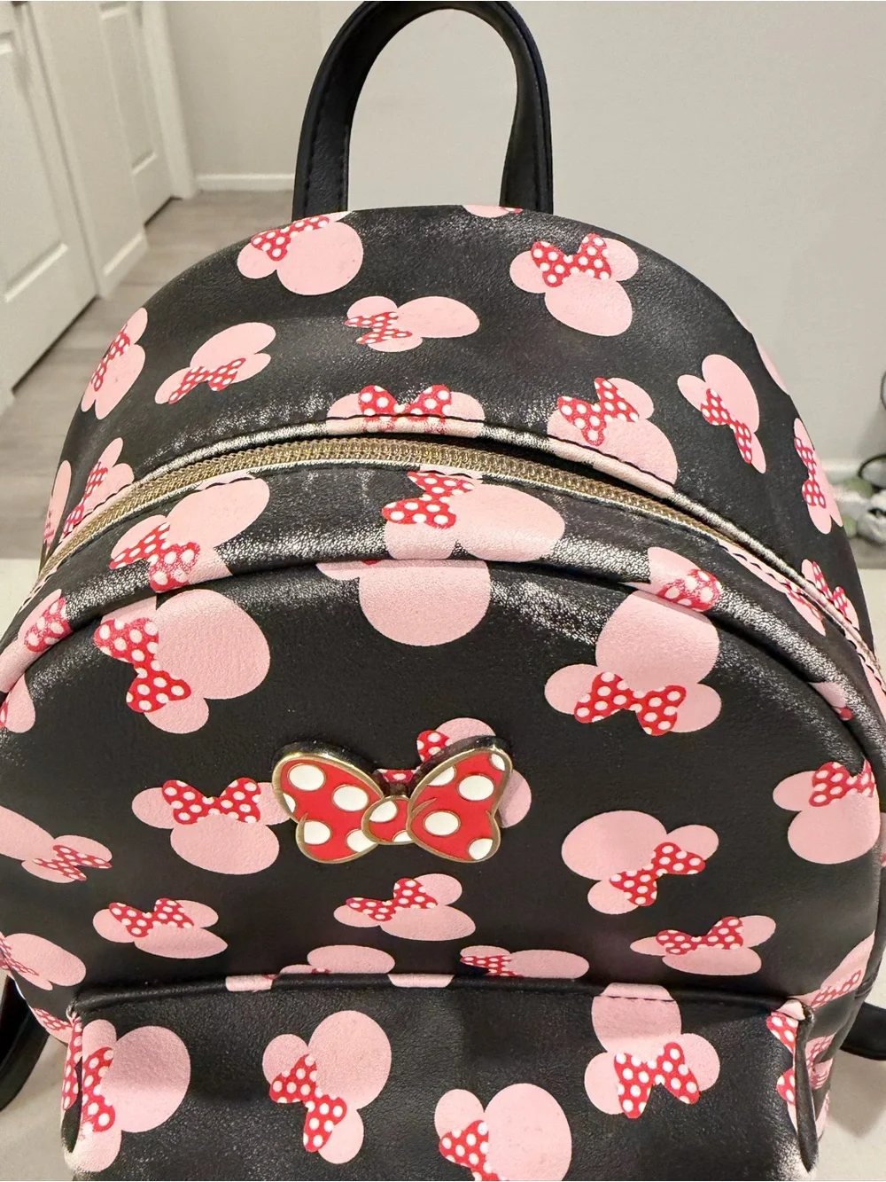 Loungefly Black and Pink Minnie Mouse Mini Backpack with Red Bow Pin